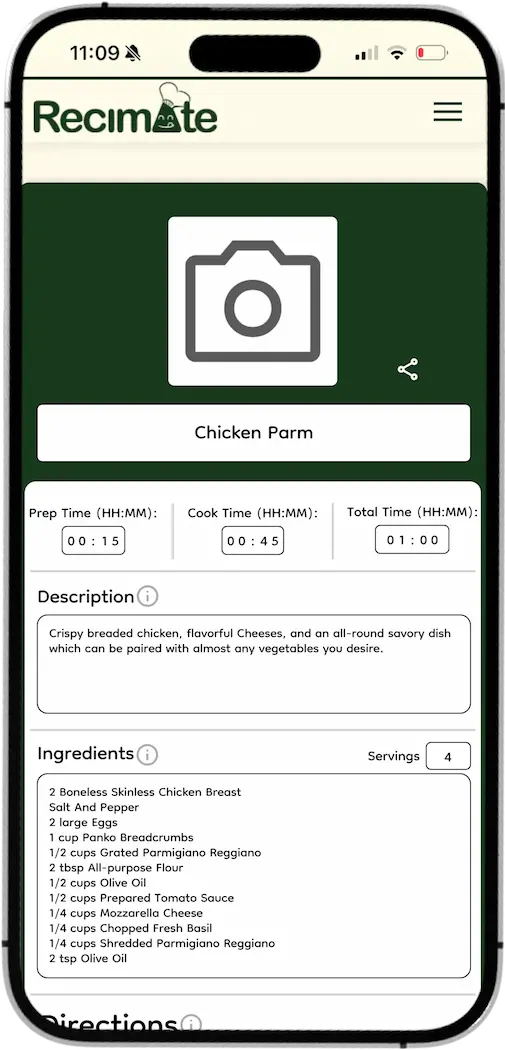 Creating a recipe on mobile