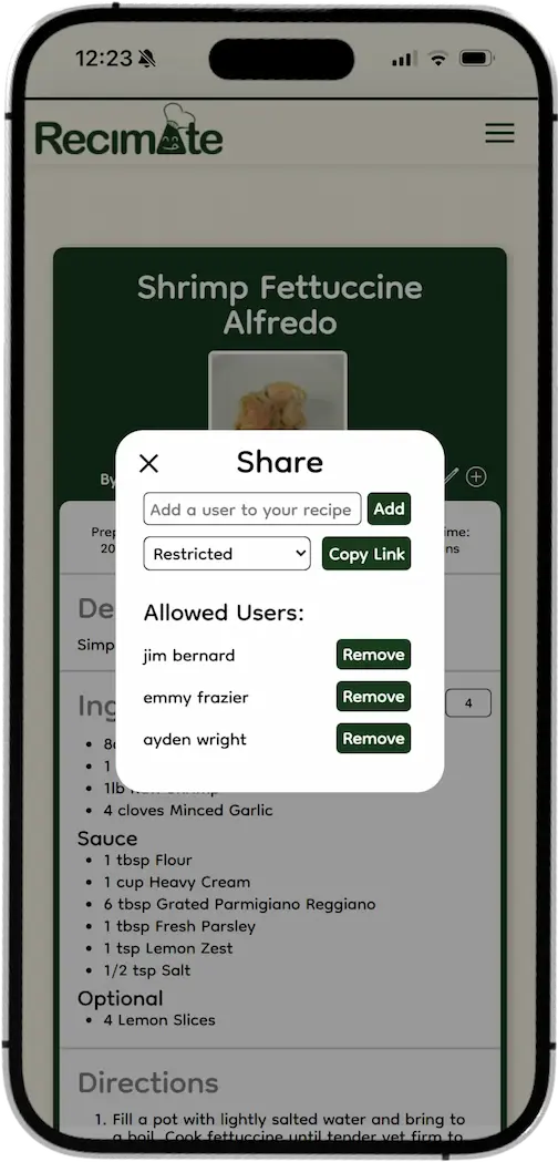 Sharing a recipe on mobile